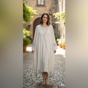 Vintage Blue Fish Barclay Crinkle Dress Duster Jacket Set Boho Lagenlook‎ 2